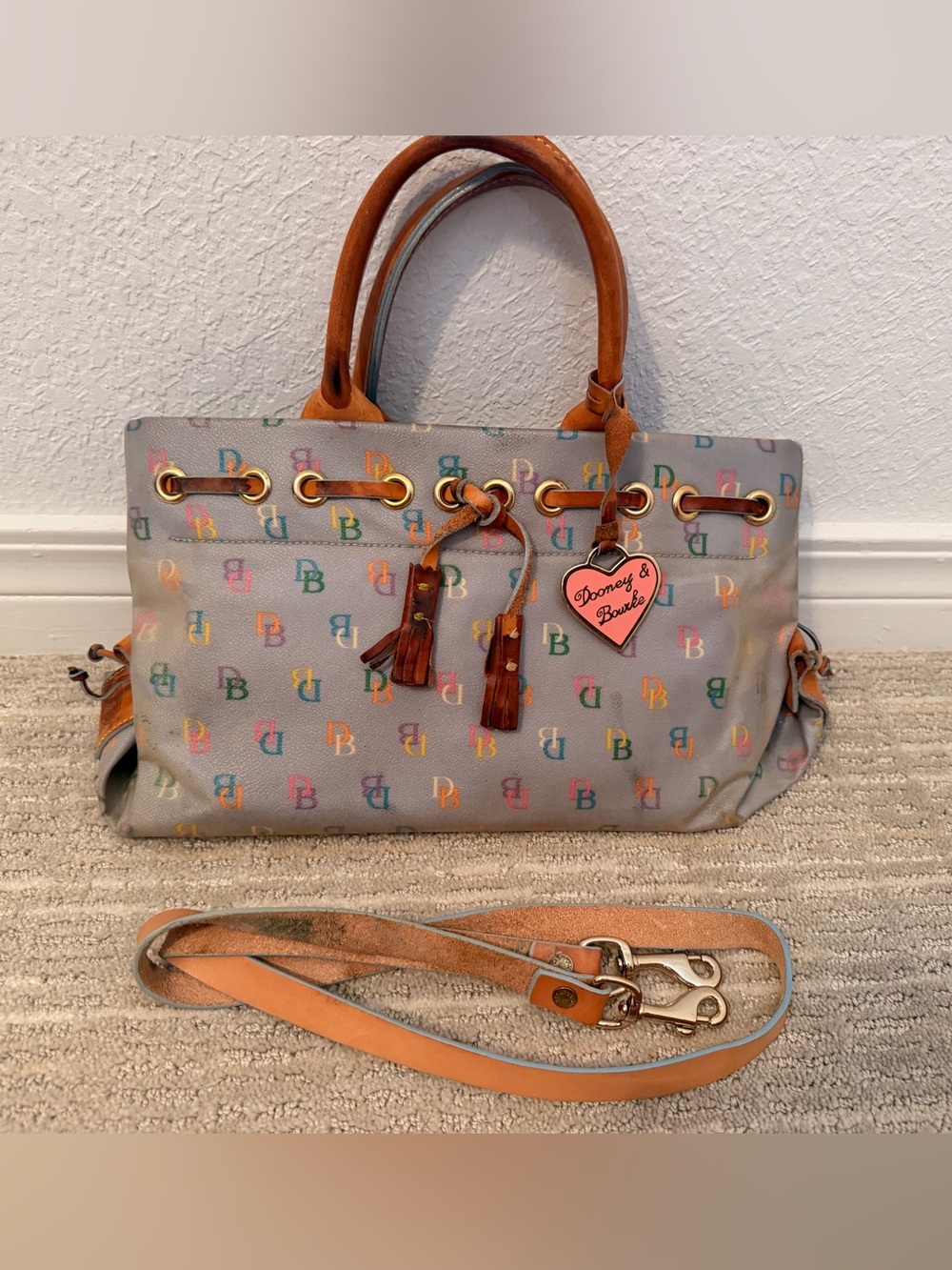 Dooney & Bourke Multicolor DB Monogram Tote Light Blue with Tan Leather Trim